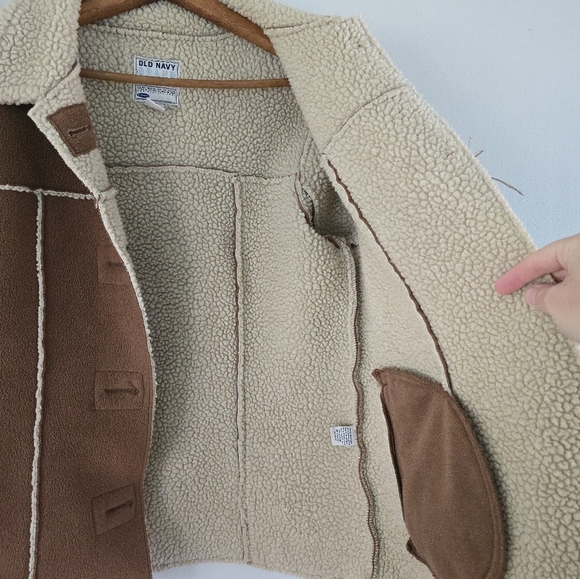 Old Navy Y2K Coat Tan Faux Suede Sherpa Shearling Lined Outdoor Jacket  M Vtg - Picture 3 of 13